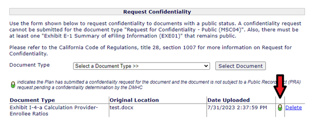 Screenshot of Request for Confidently section with arrow pointing to green confidentiality lock.